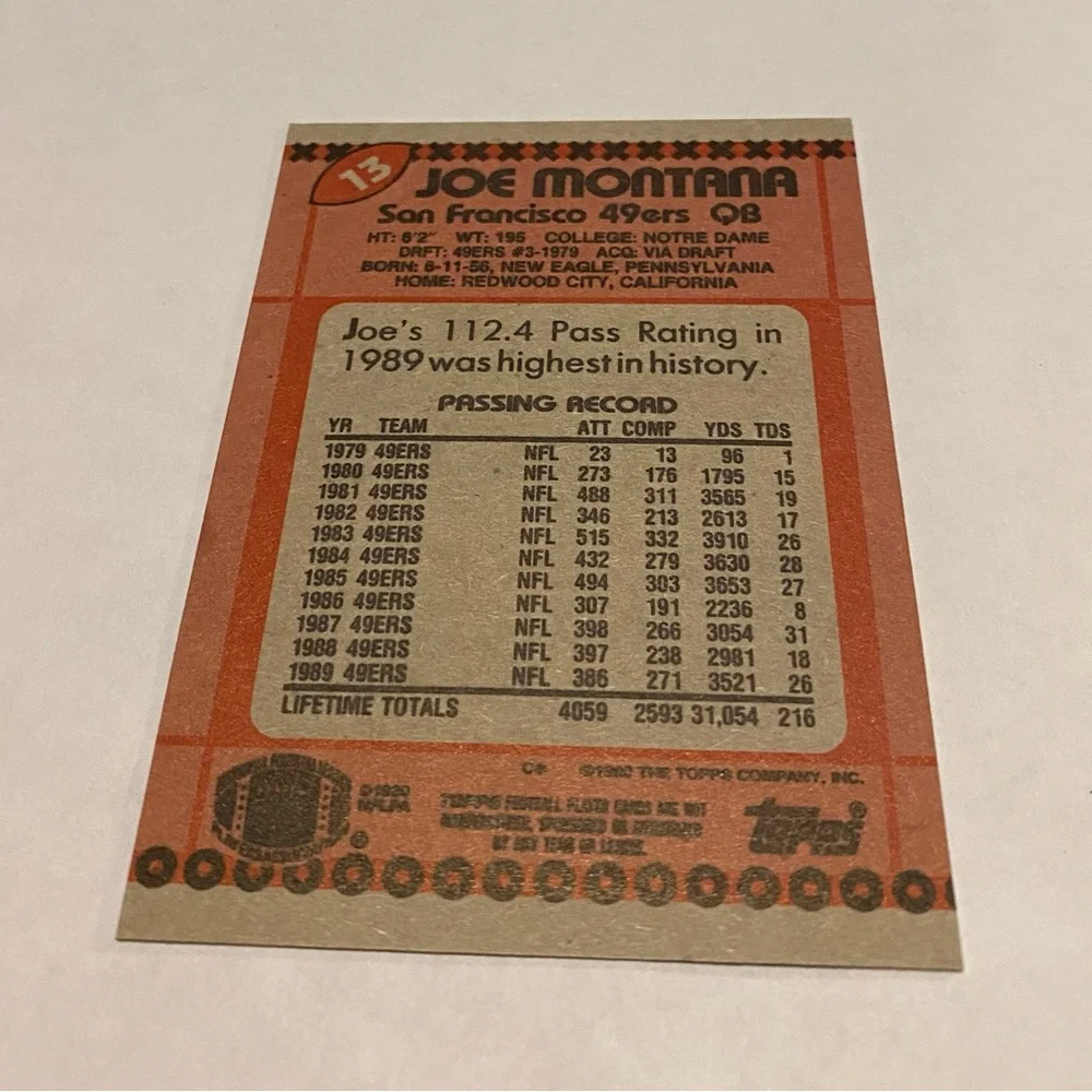 Joe Montana 1990 Topps Football Card Vintage Collectible